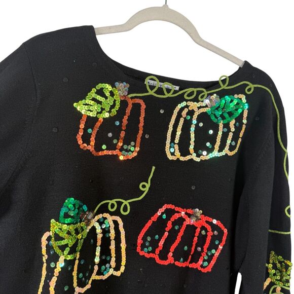 Belle Pointe Vintage Pumpkin Sequin Sweater Art to Wear 3D Knit Womens Size XL - Picture 3 of 8